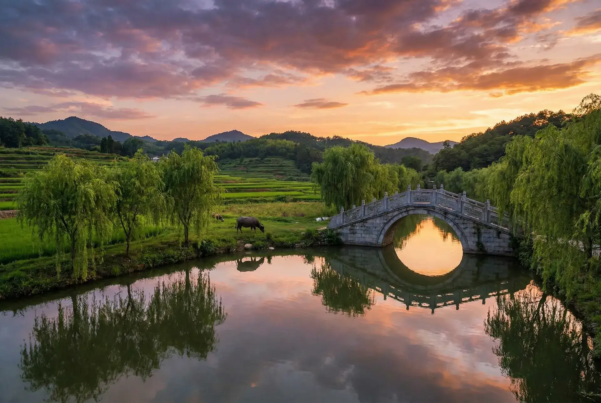 夕阳下的石拱桥与垂柳，水牛在河边吃草 - 农村真实夫妇屋内自拍视频 乡村美景